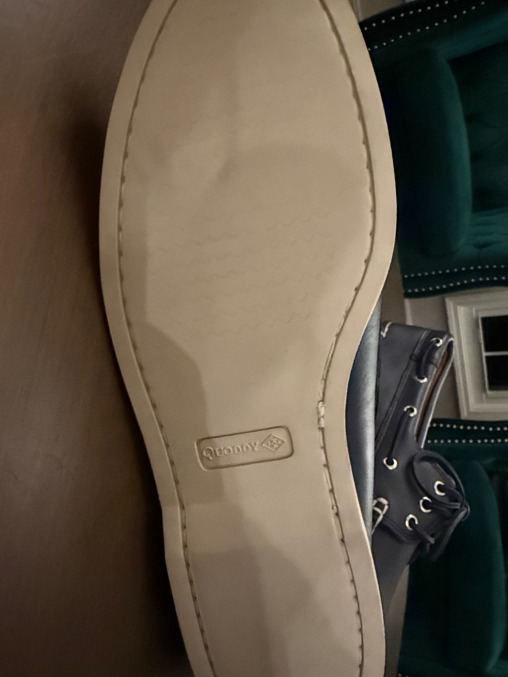Quoddy Navy Leather Handsewn Boat Shoes with White Stitching - Picture 2 of 2